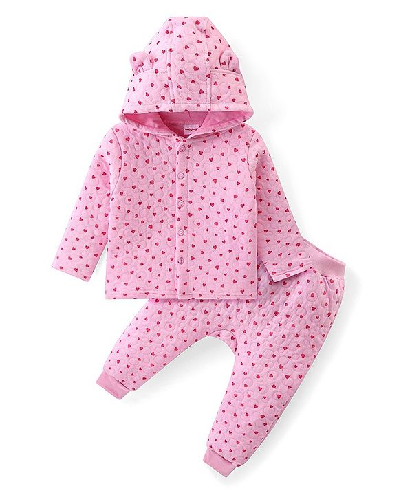 Babyhug Quilted Cotton Full Sleeves Hooded Top & Lounge Pants Co-Ord Set With Hearts Print - Pink