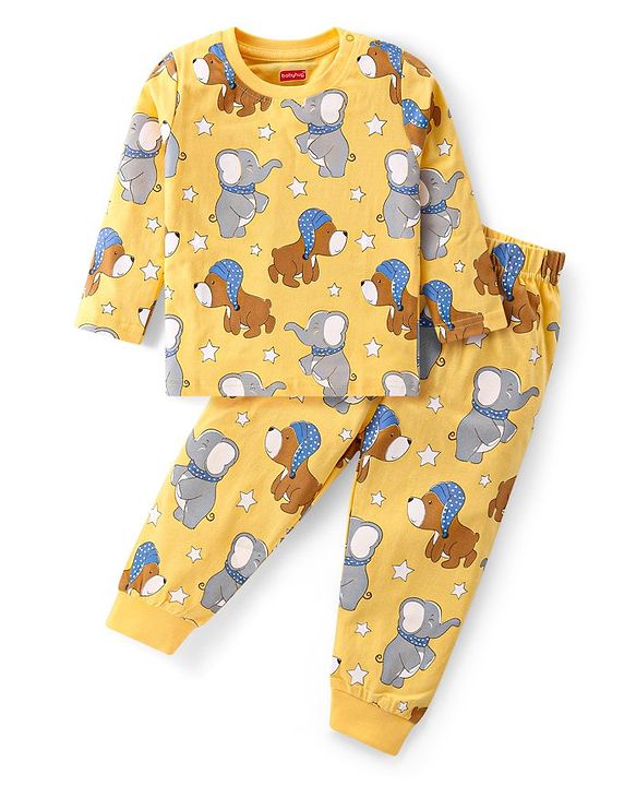 Babyhug Cotton Knit Full Sleeves Night Suit with Puppy & Elephant Print - Yellow