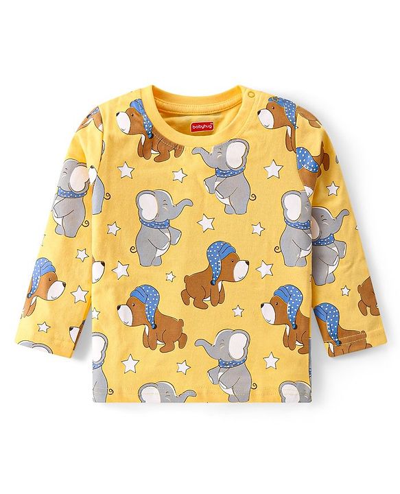 Babyhug Cotton Knit Full Sleeves Night Suit with Puppy & Elephant Print - Yellow