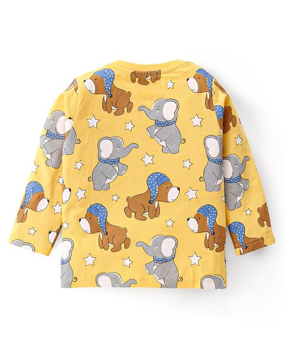 Babyhug Cotton Knit Full Sleeves Night Suit with Puppy & Elephant Print - Yellow