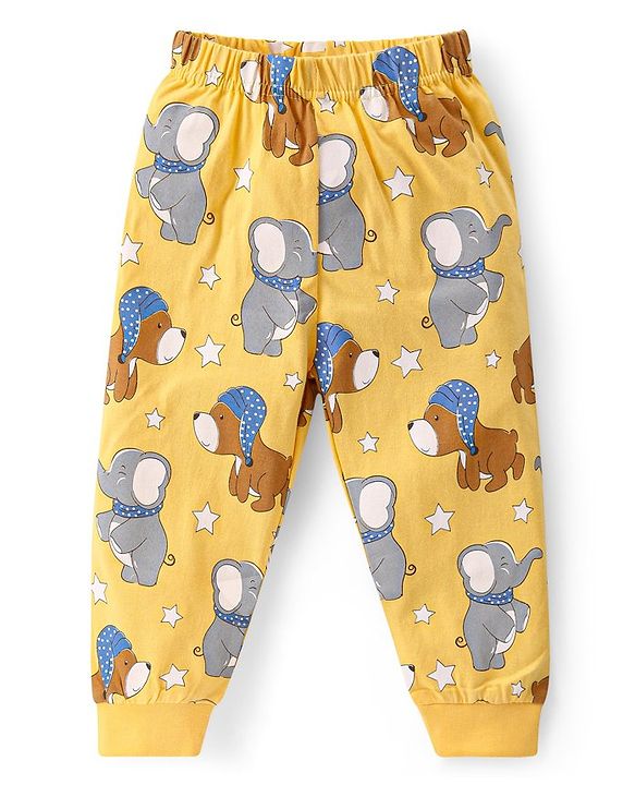 Babyhug Cotton Knit Full Sleeves Night Suit with Puppy & Elephant Print - Yellow