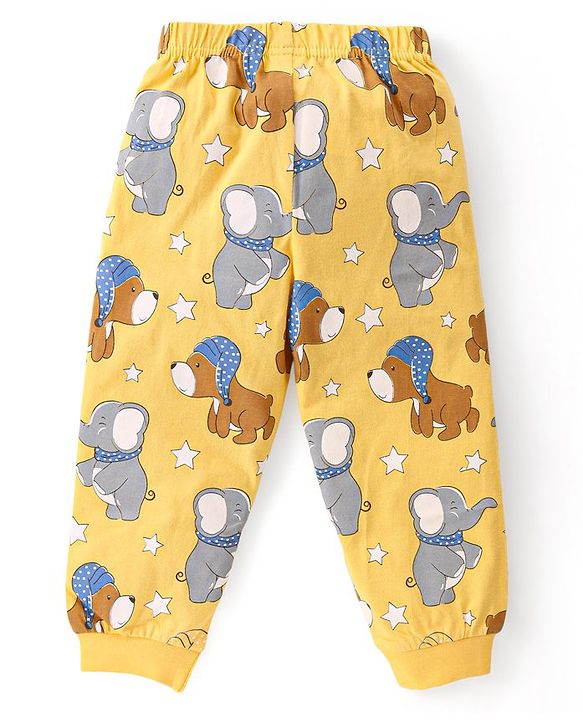 Babyhug Cotton Knit Full Sleeves Night Suit with Puppy & Elephant Print - Yellow
