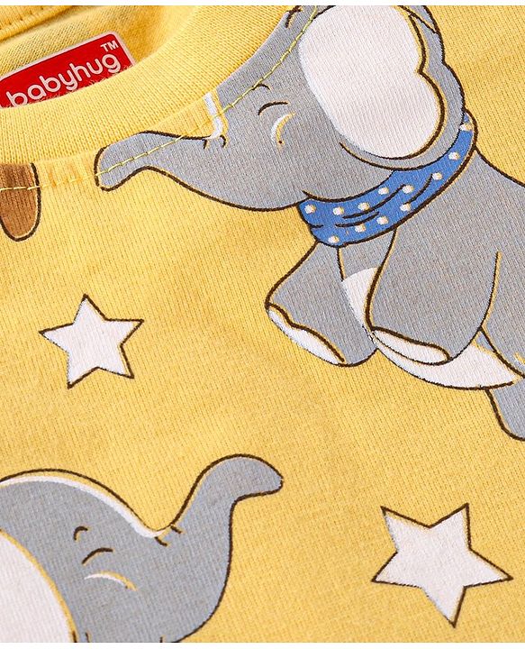 Babyhug Cotton Knit Full Sleeves Night Suit with Puppy & Elephant Print - Yellow