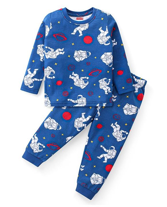 Babyhug Cotton Knit Full Sleeves Night Suit Astronut Print- Navy