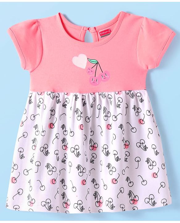 Babyhug Interlock Knit Half Sleeves Frock With Fruit Print - Pink