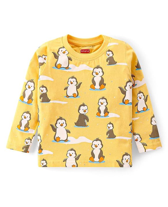 Babyhug Cotton Knit Full Sleeves Night Suit with Penguin Print - Yellow