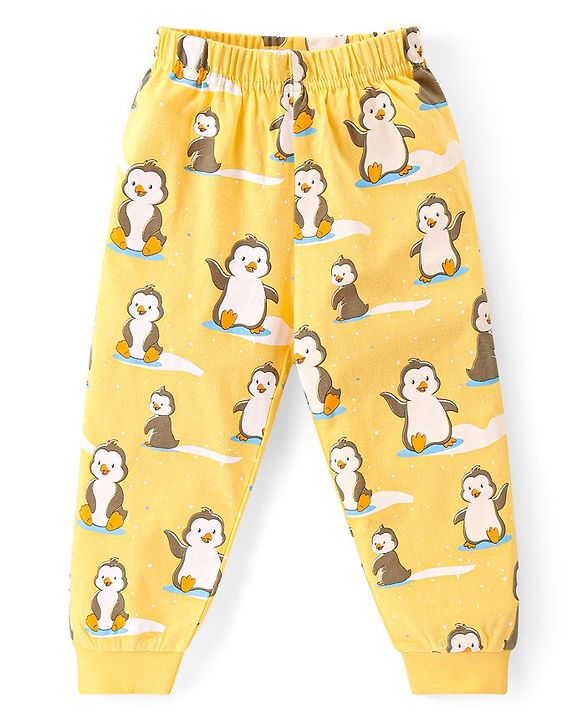 Babyhug Cotton Knit Full Sleeves Night Suit with Penguin Print - Yellow