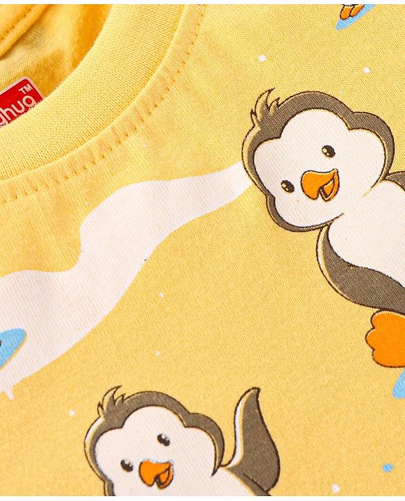 Babyhug Cotton Knit Full Sleeves Night Suit with Penguin Print - Yellow