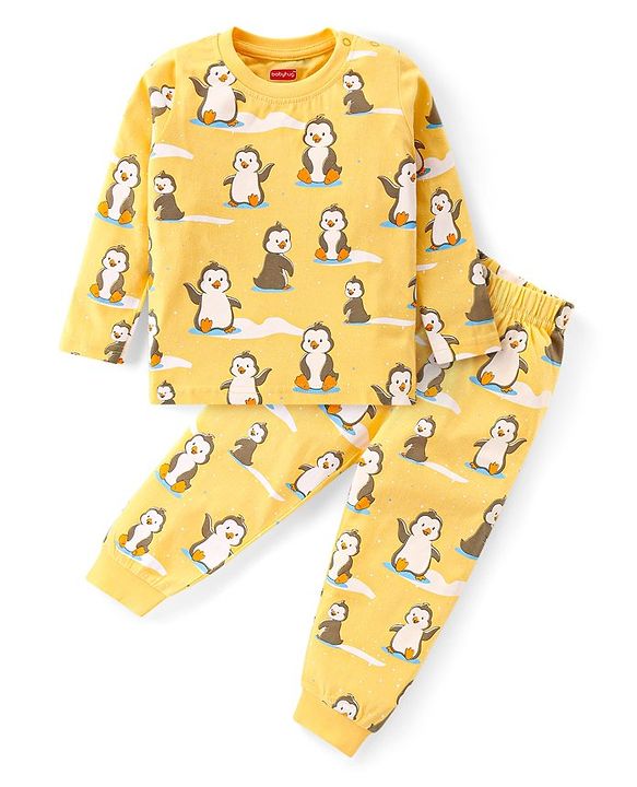 Babyhug Cotton Knit Full Sleeves Night Suit with Penguin Print - Yellow