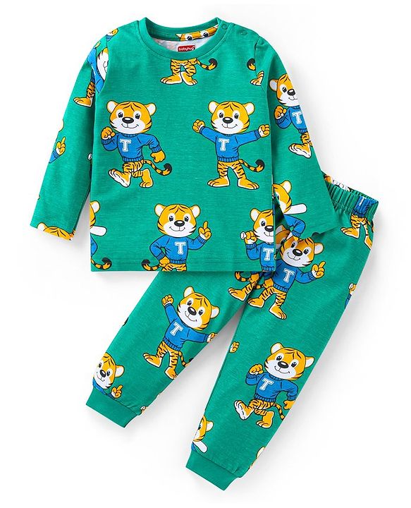 Babyhug Cotton Knit Full Sleeves Night Suit with Cub Print -Green