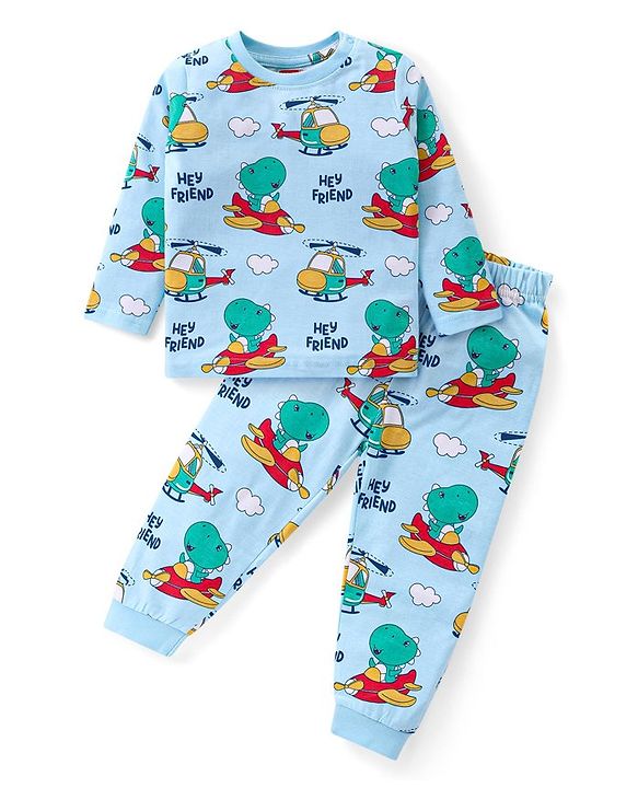 Babyhug Cotton Knit Full Sleeves Night Suit with Dino Print - Light Blue