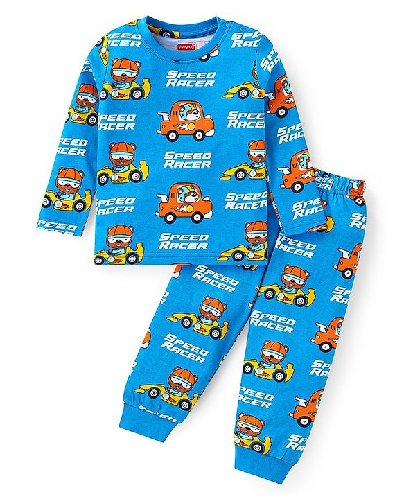 Babyhug Cotton Knit Full Sleeves Night Suit with Bear Speed Racer Print - Blue