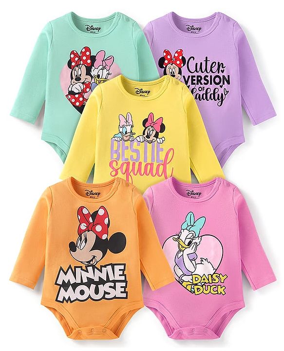 Babyhug Disney Interlock Knit Full Sleeves Onesies with Minnie Mouse & Friends  Print Pack of 5 - Yellow Pink & Orange