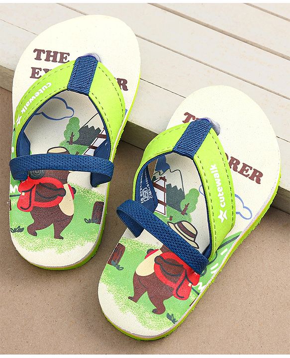 Cute Walk by Babyhug Bear & Text Print Flip Flops   With Back Strap - Green