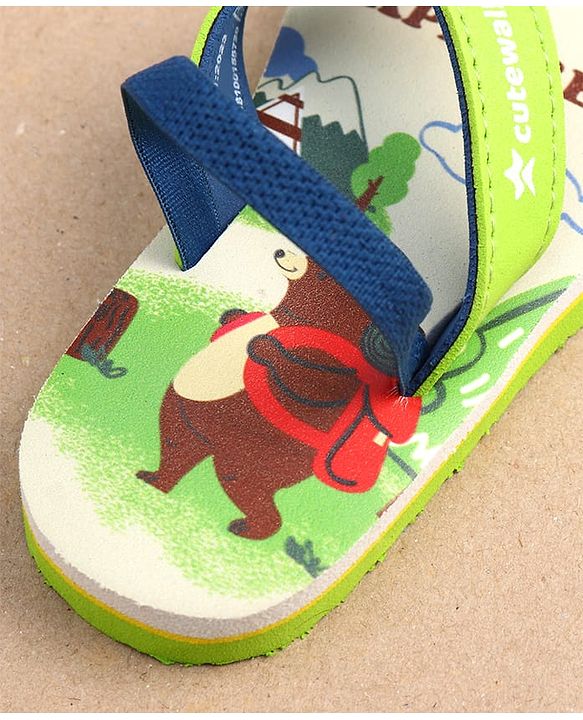 Cute Walk by Babyhug Bear & Text Print Flip Flops   With Back Strap - Green