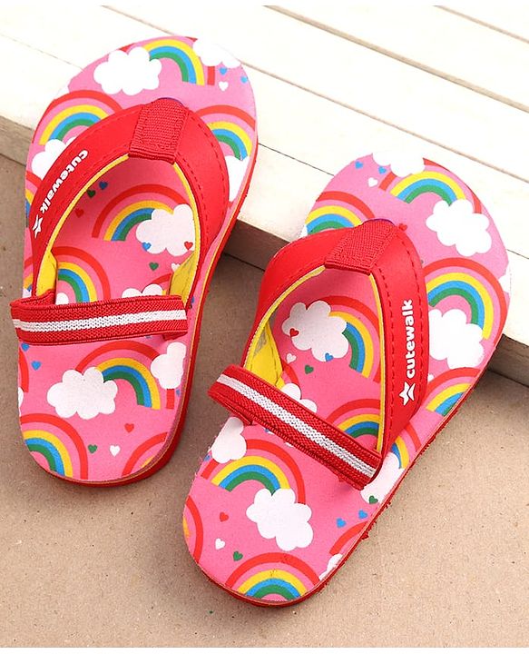 Cute Walk by Babyhug Rainbow Print Flip Flops With Back Strap - Pink