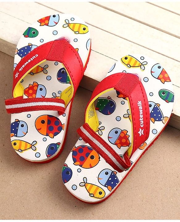 Cute Walk by Babyhug Fish Print Flip Flops With Back Strap Closure - White