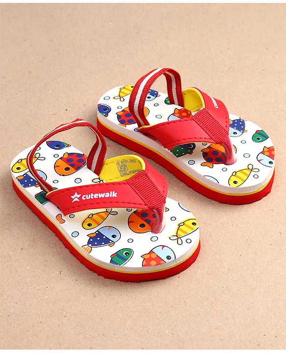 Cute Walk by Babyhug Fish Print Flip Flops With Back Strap Closure - White