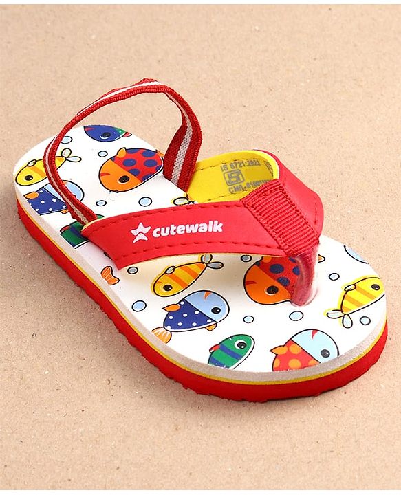 Cute Walk by Babyhug Fish Print Flip Flops With Back Strap Closure - White