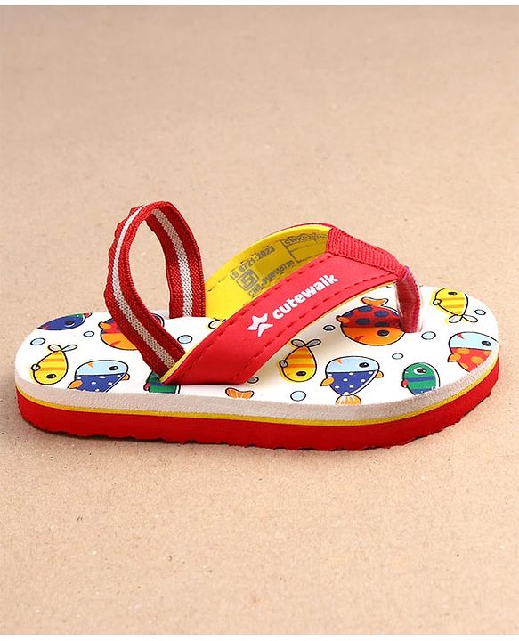 Cute Walk by Babyhug Fish Print Flip Flops With Back Strap Closure - White
