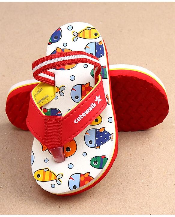 Cute Walk by Babyhug Fish Print Flip Flops With Back Strap Closure - White