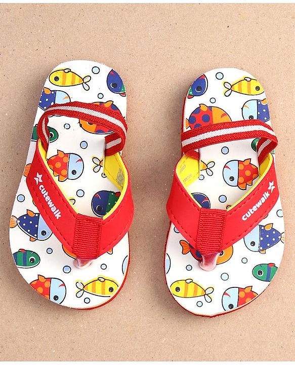 Cute Walk by Babyhug Fish Print Flip Flops With Back Strap Closure - White