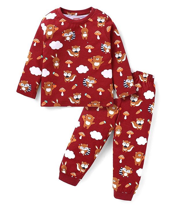 Babyhug Cotton Knit Full Sleeves Night Suit with Fox Print - Maroon
