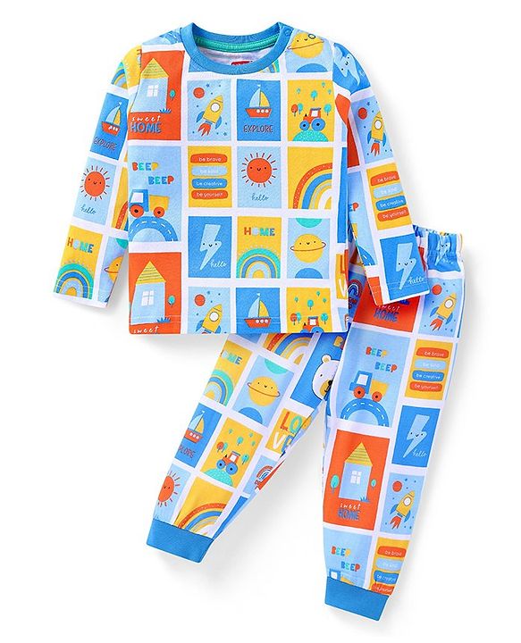 Babyhug Cotton Knit Full Sleeves Night Suit with Rainbow Print - Yellow & Blue