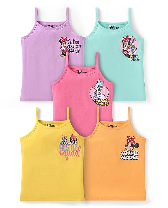 Babyhug Disney Cotton Lycra Knit Singlet Sleeves Slips With Minnie & Friends Graphic  Pack of 5 - Yellow Pink & Lilac