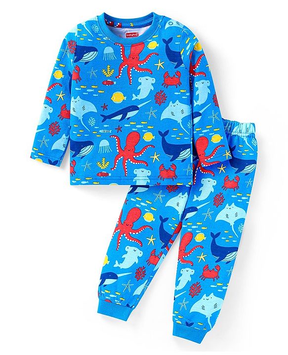 Babyhug Cotton Knit Full Sleeves Night Suit with Sea Life Print -Blue