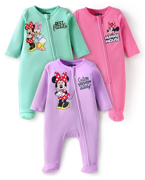 Babyhug Disney Interlock Knit Full Sleeves Footed Sleep Suits With Minnie & Friends Graphics Pack of 3 - Purple Pink & Green
