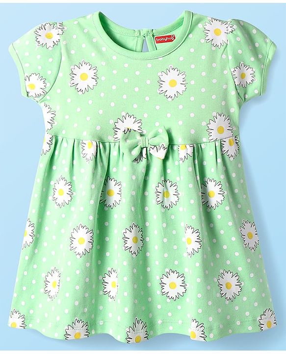 Babyhug Interlock Knit Half Puffed Sleeves Floral Printed Frock with Bow Applique - Light Green
