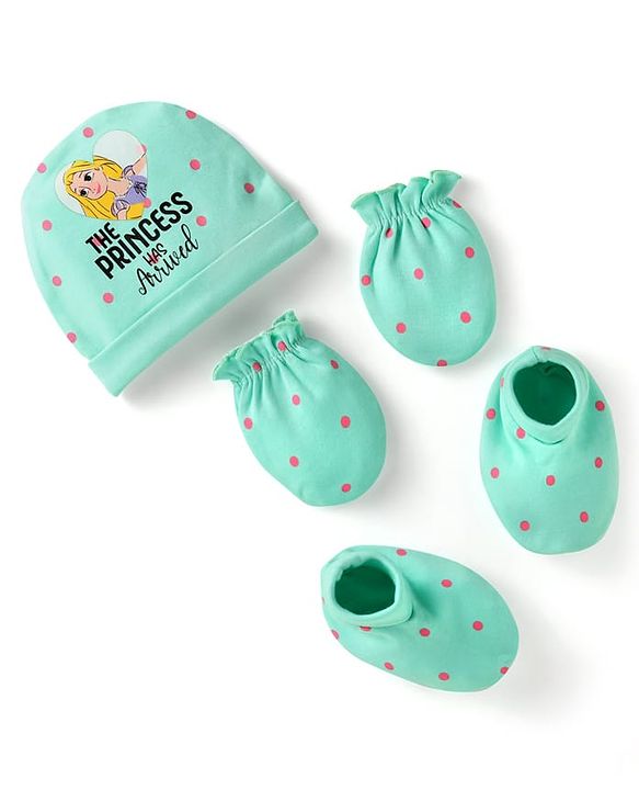 Babyhug Disney Girls Caps Mittens & Booties Set with Rapunzel Graphic - Turquoise