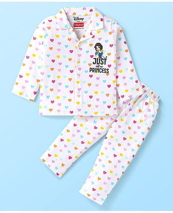 Babyhug Disney Single Jersey Knit Full Sleeves Heart & Snow White Printed Night Suit - White