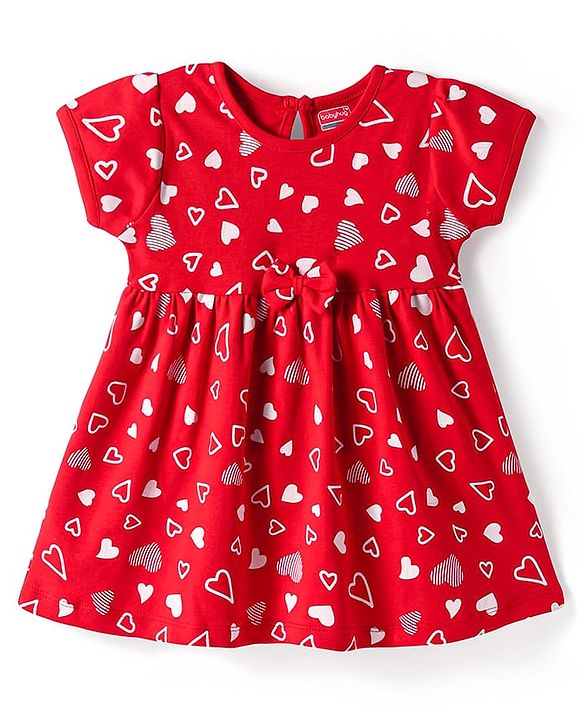 Babyhug Interlock Knit Half Sleeves Heart Printed Frock with Bow Applique - Red