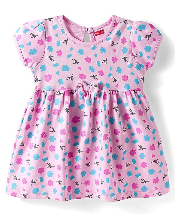 Babyhug Interlock Knit Half Sleeves Frock With Floral Print & Bow Applique - Pink