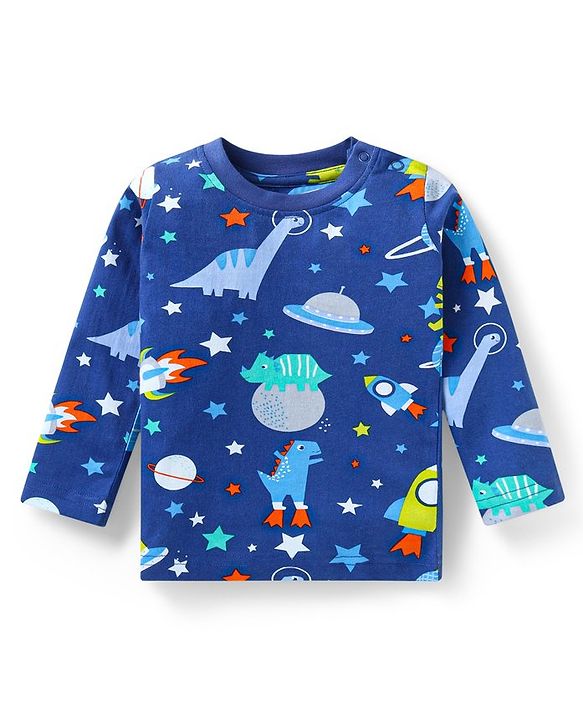 Babyhug Cotton Knit Full Sleeves Night Suit With Dino & Space Theme Print - Navy