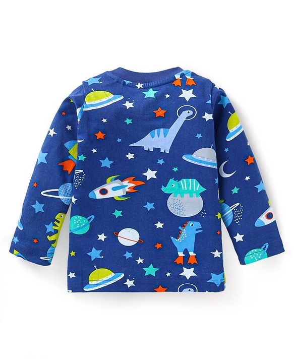 Babyhug Cotton Knit Full Sleeves Night Suit With Dino & Space Theme Print - Navy