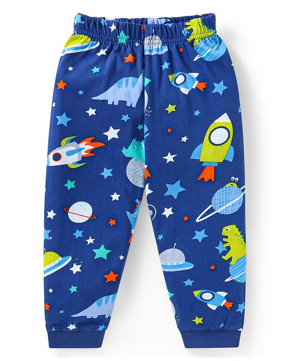 Babyhug Cotton Knit Full Sleeves Night Suit With Dino & Space Theme Print - Navy