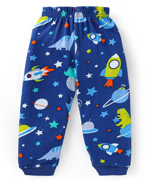 Babyhug Cotton Knit Full Sleeves Night Suit With Dino & Space Theme Print - Navy