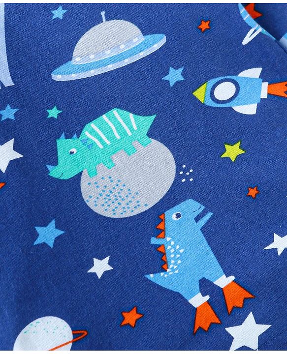 Babyhug Cotton Knit Full Sleeves Night Suit With Dino & Space Theme Print - Navy