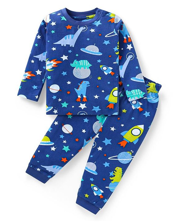 Babyhug Cotton Knit Full Sleeves Night Suit With Dino & Space Theme Print - Navy