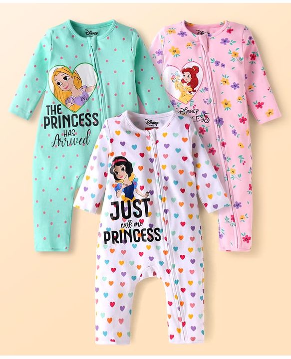 Babyhug Disney Interlock Knit Full Sleeves Rompers with Disney Princess Graphics Pack of 3 - Mint Green Pink & White
