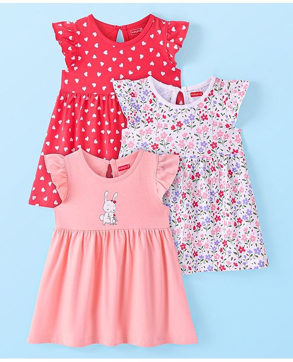 Babyhug Sinker Knit Frill Sleeves Frocks With Hearts & Floral Print Pack Of 3 - Red White & Light Pink