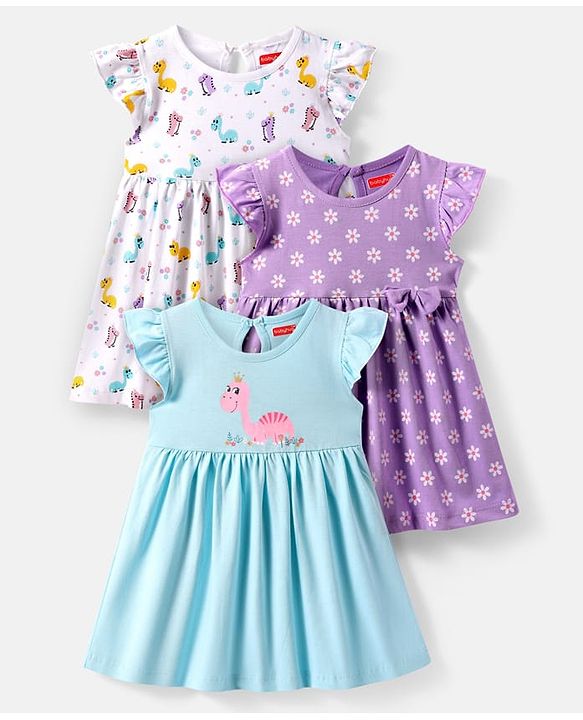Babyhug Sinker Knit Frill Sleeves Frock with Floral & Dino Print Pack of 3 - Light Blue Lavender & White