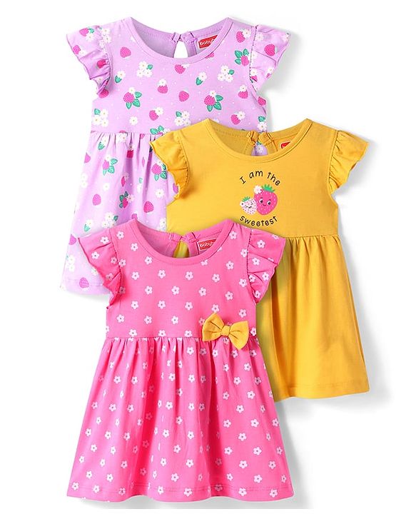 Babyhug Sinker Knit Frill Sleeves Frocks with Floral Print & Bow Applique Pack of 3 - Pink & Yellow