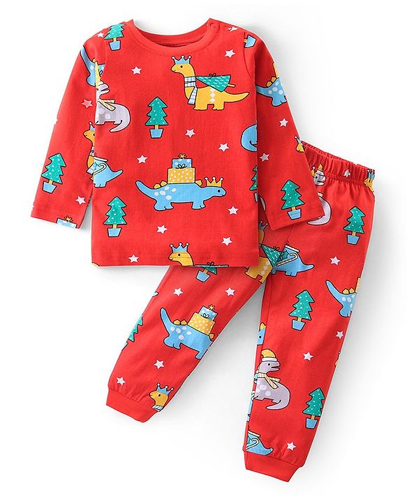 Babyhug Cotton Knit Full Sleeves Night Suit Dino Print- Red