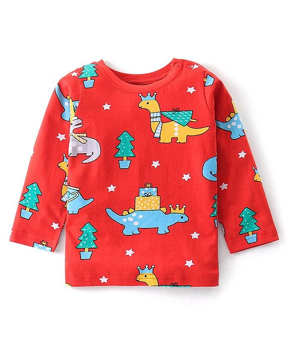 Babyhug Cotton Knit Full Sleeves Night Suit Dino Print- Red