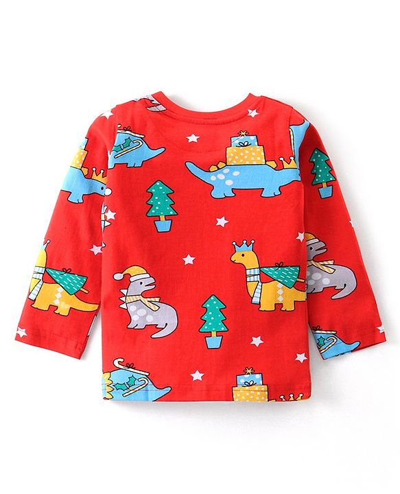 Babyhug Cotton Knit Full Sleeves Night Suit Dino Print- Red