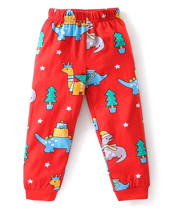Babyhug Cotton Knit Full Sleeves Night Suit Dino Print- Red